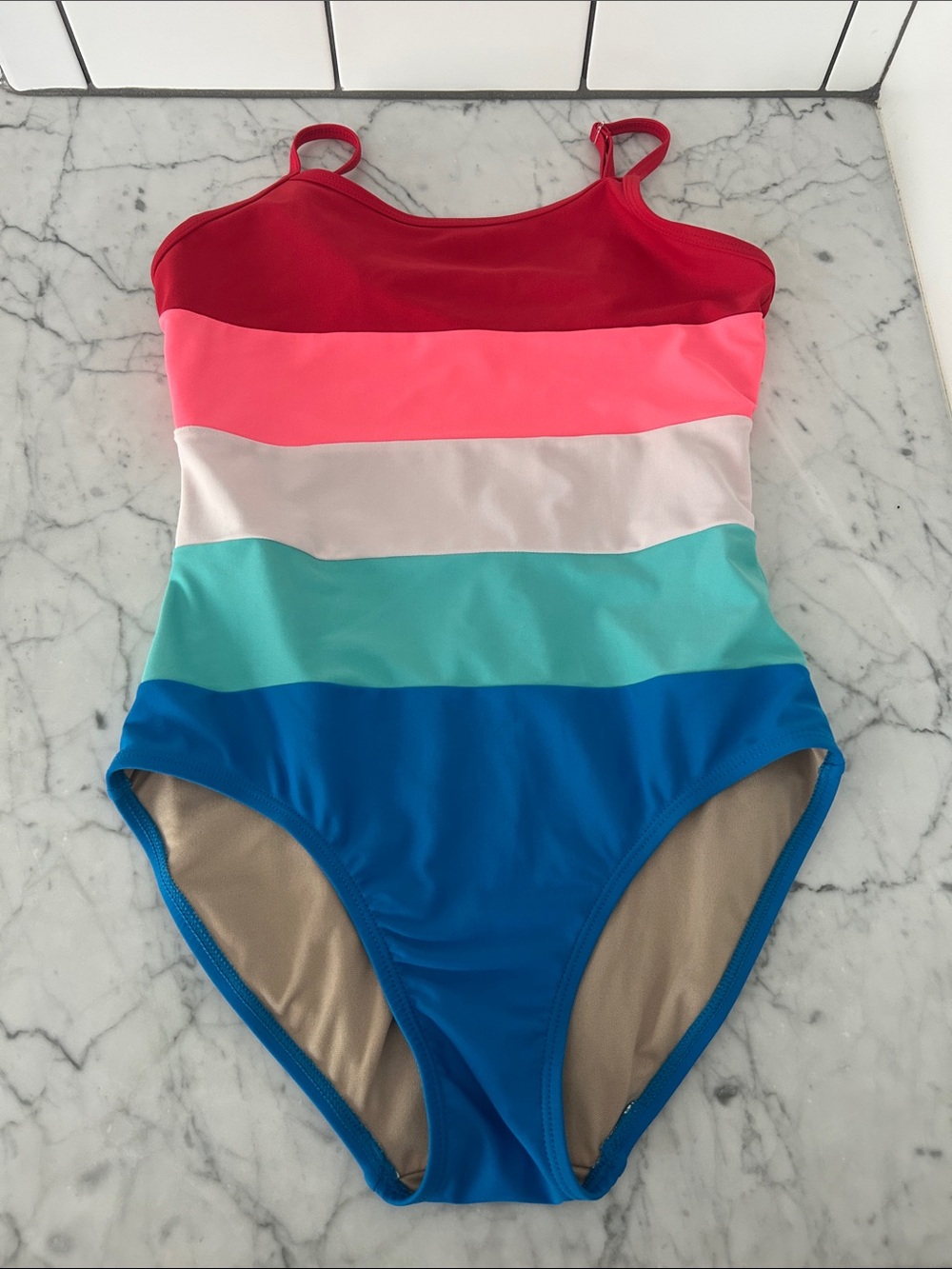 Old Navy Girls' Red Pink Cream Aqua Blue Striped One-Piece Swimsuit